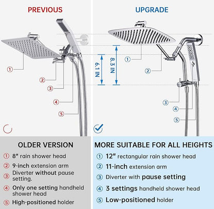 G-Promise All Metal 12 Inch Rain Shower Head with Massage Mode Handheld Spray Combo, 3-Way Diverter with Pause Setting, Full Body Coverage, Modern Bathroom Upgrade (Chrome)