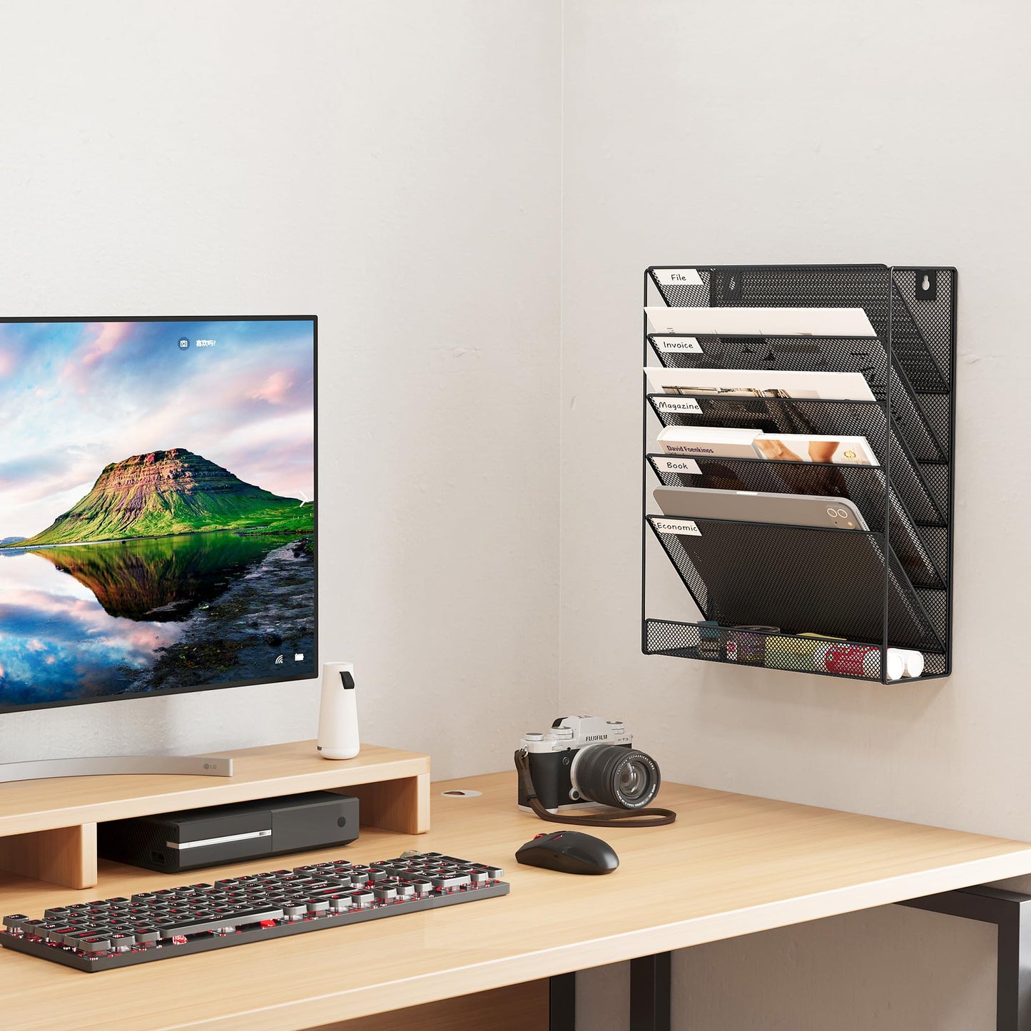 EasyPAG 5 Tier Wall File Holder, Mesh Hanging Folder Organizer with Classify Label, Versatile Desk File Holder, Vertical Wall Mounted Mail Organizer for Office Home Cubicle, Black