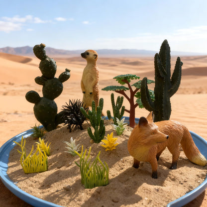 MOMOONNON 34pcs Desert Animal Figures Mixed Diorama Model Plants Artificial Animals with Camel Fox Meerkatz Gazelle for Crafts Building Model Desert Scenery Landscape Supplies