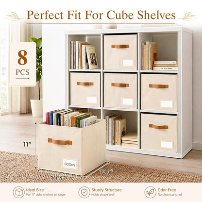 Stowsia Storage Cubes 8 Pack, 11 Inch Fabric Storage Cubes Organizer Bins with Labels, Odor-Free & Sturdy PP Structure, Cubby Baskets for Closet, Shelves, Toys & Nursery (Beige)