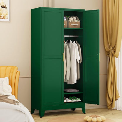 winiowa Metal Armoire Wardrobe Closet with 2 Doors, 71" Wardrobe Cabinet with Adjustable Shelves and Hanging Rod, Clothing Storage Cabinet Closet for Bedroom-Green