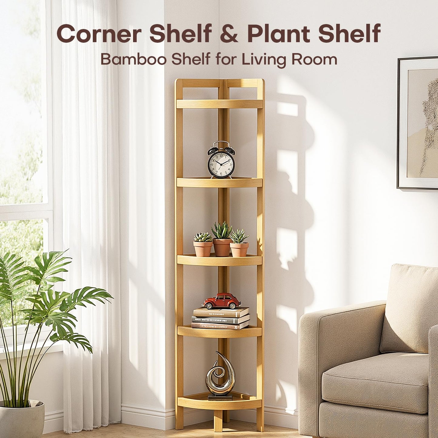 2026 New Bamboo Standing Shelf, 5 Tier Corner Shelf Stand, Free-Standing Shelf Units, Triangular Curved Corner Shelf Stand for Space-Saaving Display Ideal for Bathroom/Kitchen/Living Room Storage