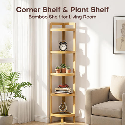 2026 New Bamboo Standing Shelf, 5 Tier Corner Shelf Stand, Free-Standing Shelf Units, Triangular Curved Corner Shelf Stand for Space-Saaving Display Ideal for Bathroom/Kitchen/Living Room Storage