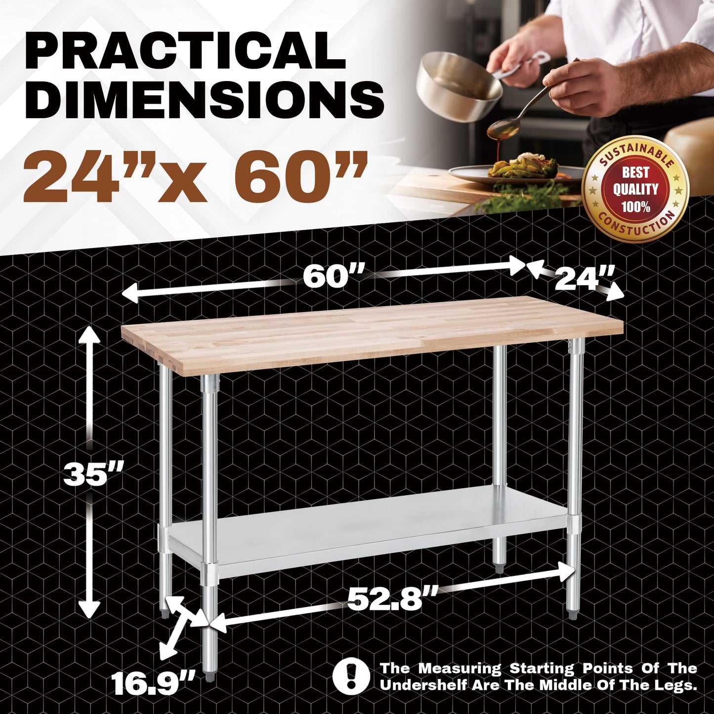 DuraSteel US Maple Top Work Table - 24 x 60 x 35 Inch Commercial Butcher Block Wooden Workbench with Adjustable Lower Shelf - Fits Restaurant, Warehouse, Home, Kitchen, Garage