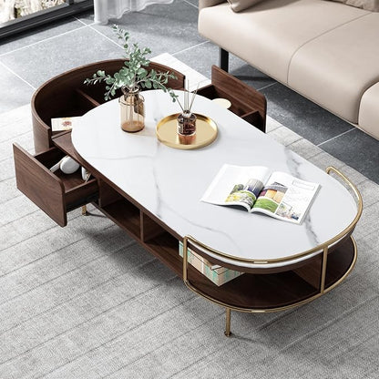Lartis Oval Coffee Table in Walnut, Sintered Stone Living Room Table with Semi-Circular Storage,Multi Functional Marvel for Modern Living Room (White, 51 in)