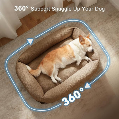 FURTIME Washable Dog Bed Medium Size Dogs, Rectangle Comfy Fluffy Small Dog Bed, Removable Zipper Cover Machine Wash, Orthopedic Bed Durable Pet Cuddler with Anti-Slip Bottom, 25x21x7 in, Brown