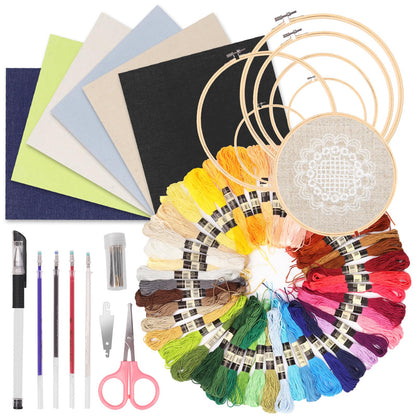 Keadic 78Pcs Embroidery Beginner Kit Contains 6 Colors Embroidery Fabric, Sewing Maker Pens, 50 Rainbow Colors Embroidery Thread, Circle Cross Stitch Hoop Rings, Cutter and Needles for Crafting