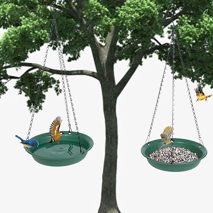 VUWEZ Hanging Bird Feeder & BirdBath for Outdoors, Wild Bird Feeders Tray, Hanging Birdbaths Trays for Outside, Cardinal, Blue Jay, Crow, Birdfeeders Outside (8", 1 Pcs with Hole & 1 Pcs No Hole)