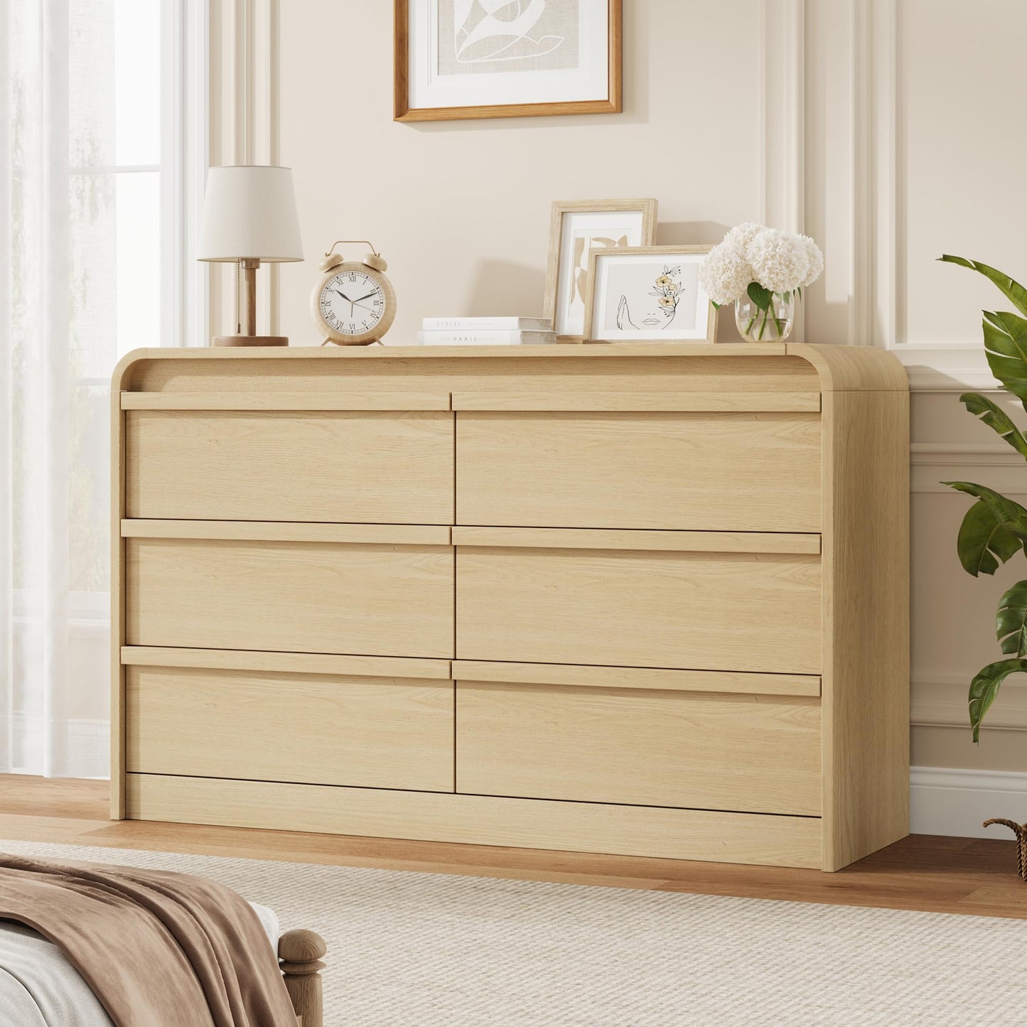 Garvee 6 Drawer Dresser for Bedroom, 47" Wide Wooden Dressers with Curved Profile Design, Mid Century Chest of Drawers Closet Clothes Storage Organizer for Living Room, Entryway, Nursery, Natural