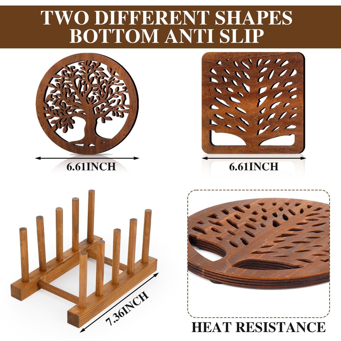 Beeveer 5 Pcs Life Tree Wooden Trivets with Storage Rack Hot Pads Trivets for Hot Dishes Pots and Pans Heat Resistant Mat Set Tea Pot Holders for Kitchen Dining Table(Dark Wood)