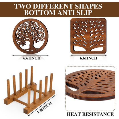 Beeveer 5 Pcs Life Tree Wooden Trivets with Storage Rack Hot Pads Trivets for Hot Dishes Pots and Pans Heat Resistant Mat Set Tea Pot Holders for Kitchen Dining Table(Dark Wood)