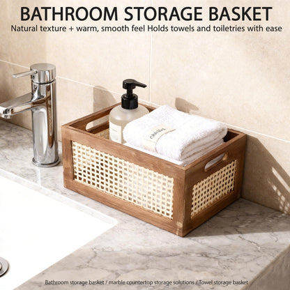 HODAKJUE Boho Wooden Storage Basket with Bamboo Woven Panel, Decorative Handle Organizer Bin for Shelves, Kitchen, Pantry, Closet & Countertop, 11.81 x 7.87 x 5.51 Inch