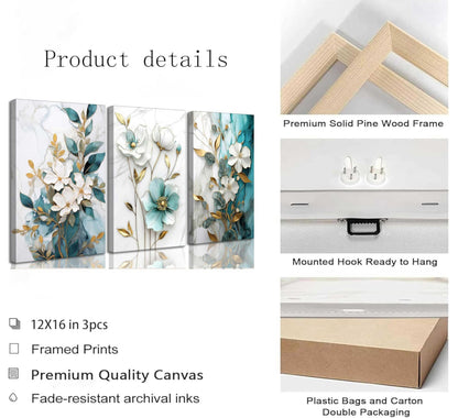 3Pcs White Gold Flower Canvas Wall Art Modern Luxury Blue White Gold Abstract Marble Floral Botanical Painting Picture Wall Decor Poster Print Artwork for Living Room Bedroom Home Decoration