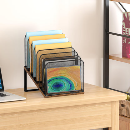 Piskyet Wooden Desk File Organizer, 7-Section Vertical File Folder Holder Stand,Metal Mail Paper Chromebook Organizer for Teacher Desk Office Classroom Desktop Organization（Inclined）