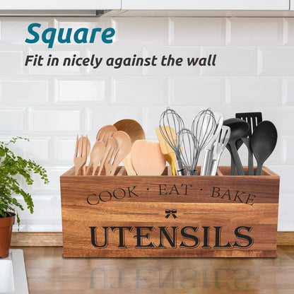 Suli Acacia Wood Utensil Holder for Kitchen Counter,Extra Large Utensils Holder with 4 Compartments,Caddy Organizer for Countertop, Farmhouse Kitchen Decor, Rustic Cooking Utensil-Acacia Brown