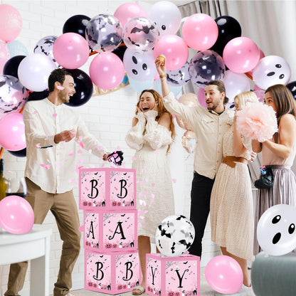 Hiboom 74 Pcs Halloween Balloon Boxes Baby Shower Decorations Pink and Black Halloween Baby Blocks Latex Balloons Garland Arch Kit for Baby Girls Happy Boo Day Birthday Party Supplies Photography Prop