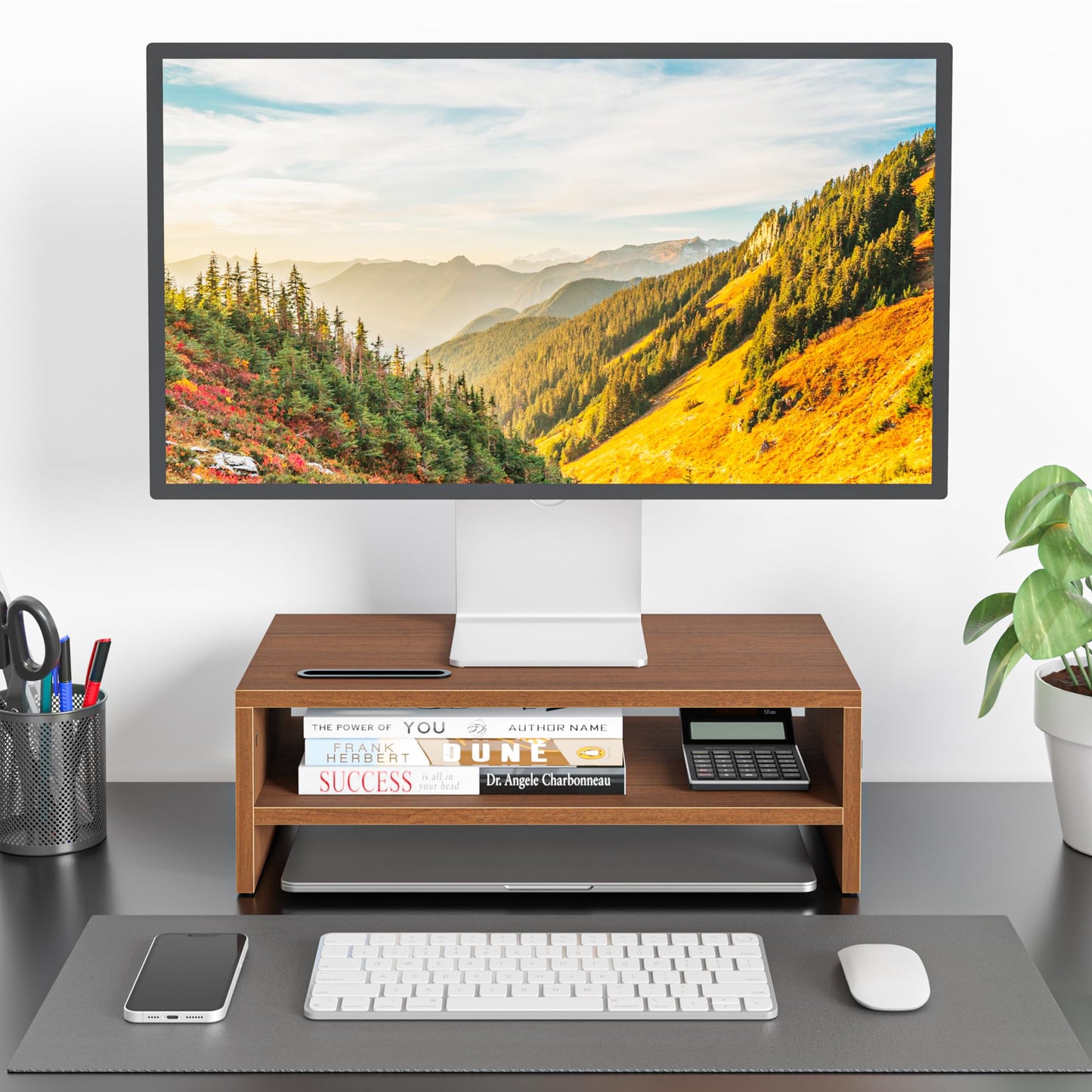 BONTEC Wooden Monitor Stand Riser, 2-Tier Desk Shelf with Storage Organizer, Ergonomic Computer Stand with Cable Management, Cellphone Holder, Walnut, 16.5 Inch