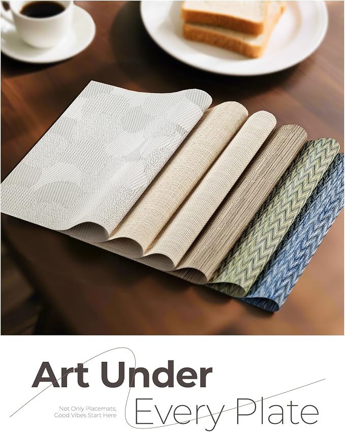 Leetaltree Light Brown Placemats Set of 12 - Heat Resistant Non-Slip Place mats for Dining Table, Washable Durable PVC Vinyl Woven Table Mats（Light Brown, 12）