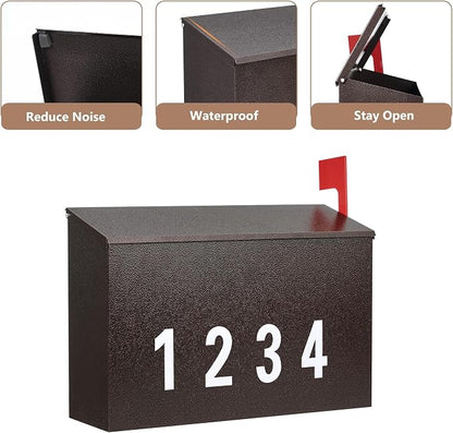 LAND·VOI Wall-Mount Mailbox with One Flag Kit and Three Sets of 0-9 Mailbox Number Stickers, Galvanized Steel Rust-Proof Metal Post Box, Mailboxes for Outside, 4.33" Dx14.2 Wx10.43 H, Bronze