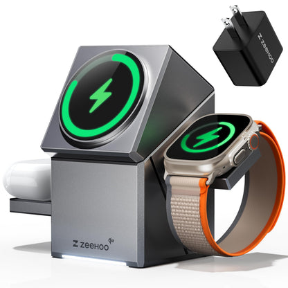 ZEEHOO 3 in 1 Charging Station for Apple, Mag-Safe for iPhone Charger, Qi2 Certified Rotating Wireless Charger Stand for iPhone 17,16,15,14,13,12 Series, Apple Watch, AirPods (USB-C Charger Included)