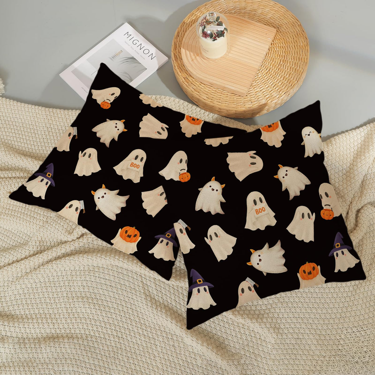 JEFERSO Halloween Pillow Covers 18x18 Set of 2 Cute Black and White Pumpkin Ghost Throw Pillows Fall Halloween Decorations Pillowcase Farmhouse Linen Outdoor Decorative Cushion Case for Couch Sofa