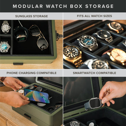 CASE ELEGANCE Military 10 Slot Watch Box Case Organizer for Men, Real Glass Top, Modular Valet Tray, Apple Watch Compatible with Apple Watch Stand, Accessory Drawer, Watch Pillow Stands