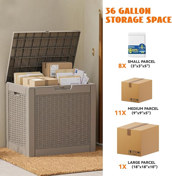 36 Gallon Package Delivery Boxes for Outside, Resin Outdoor Storage Box with Rattan Pattern, Storage Cabinet for Parcel Shipping & Storage