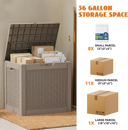 36 Gallon Package Delivery Boxes for Outside, Resin Outdoor Storage Box with Rattan Pattern, Storage Cabinet for Parcel Shipping & Storage