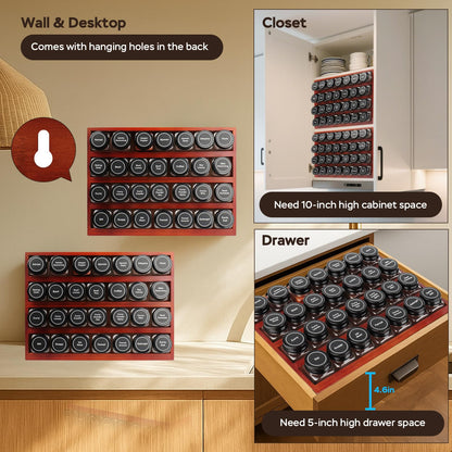 Bamboo Spice Rack Organizer with 28 Spice Jars, 780 Labels, 4 Tier Wood Hanging Shelf, Chalk Marker and Funnel Set for Drawer Cabinet Kitchen Countertop Wall Mount, Empty 4 oz Glass Jars-Cherry Stain