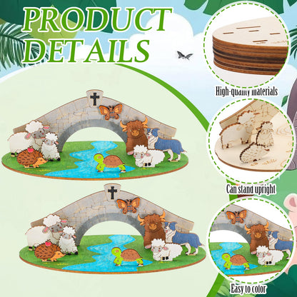 DoubleFill 12 Set 2026 Vbs Crafts for Classroom DIY Emerald Cross Themed Craft Kits Farmhouse Animals Wooden Cutouts Kit Country Animal Multi-Layer Crafts for Sunday School Church Bible Decor