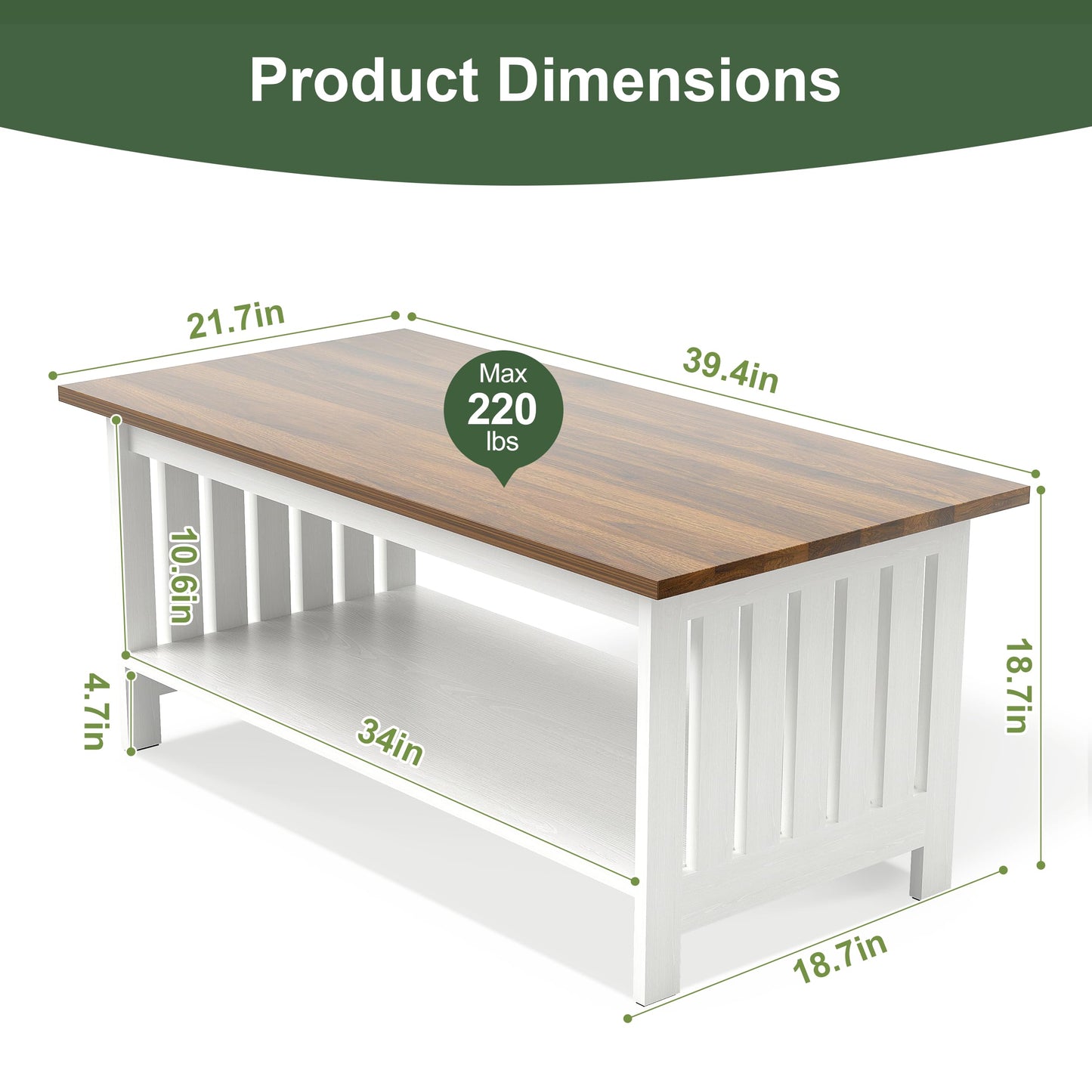 YOSHOOT 39.4" Farmhouse Coffee Table, Small Coffee Tables for Living Room