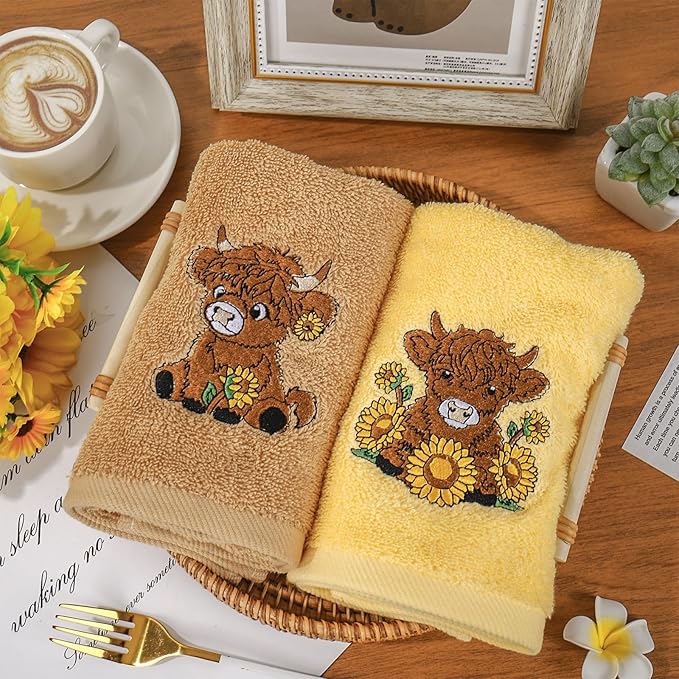 3Pcs Highland Cow Sunflower Hand Towels Cotton Embroidered Bathroom Towels