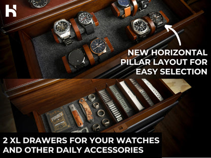 Premium 17 Slot Watch Box for Men - Extra Large Wooden Watch Display Case with Hinged Cover, Leather Lining & 2 Drawers - Watch Holder Organizer Stand - Handcrafted Luxury Father's Day Present for Men