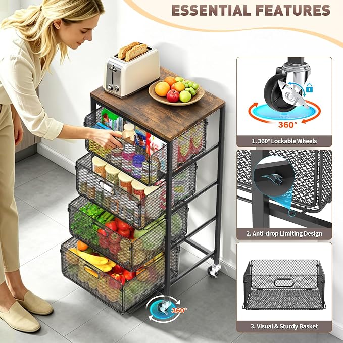 SUNALLY Rolling Kitchen Cart with Drawers, 4-Tier Utility Cart Fruit Vegetable Storage Cart with Lockable Wheels, Wooden Top Metal Kitchen Storage Organizer for Cans, Snacks, Beauty, Craft, Art, Black