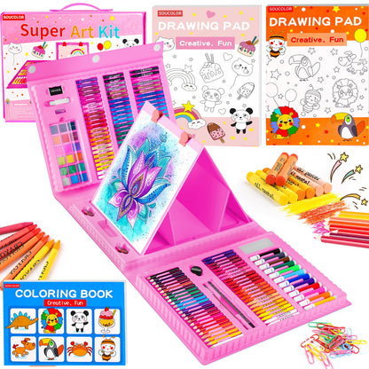 Soucolor Art Supplies, 283 Pieces Drawing Set Art Kits with Trifold Art Easel, 2 Drawing Pads, 1 Coloring Book, Crayons, Pastels, Arts Gifts Case, Coloring Set