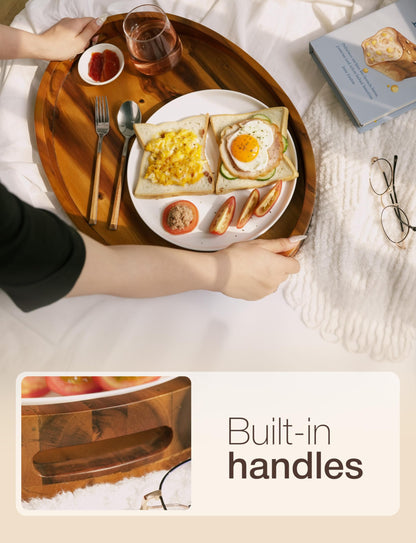 TIDITA Acacia Wood Ottoman Tray with Handles - 20" x 15" Round - Large Oval Serving Trays for Living Room -Wooden Trays for Decorative for Kitchen Counter, Coffee Table, Breakfast in Bed (Acacia)