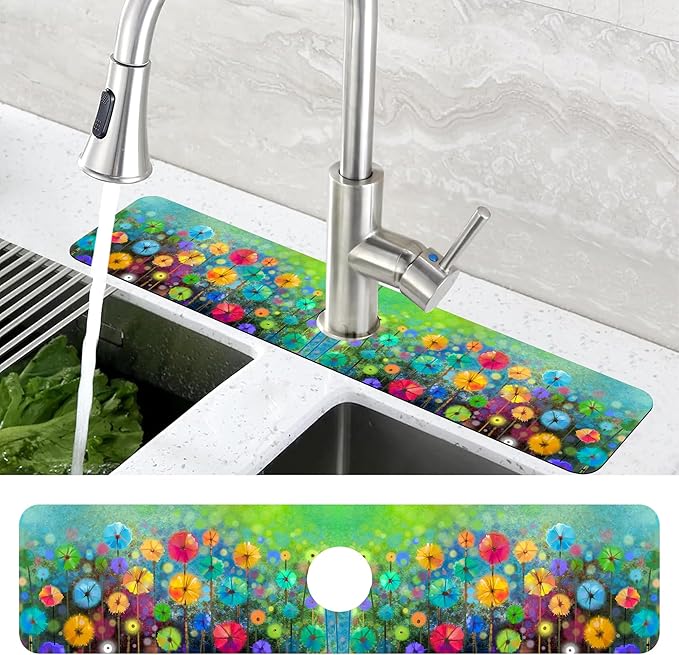 Abstract Blue and Red Flowers Dish Drying Mat