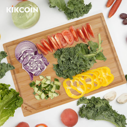 Kikcoin 17”×11” Bamboo Cutting Boards for Kitchen, Healthy Wooden Cutting Boards for Kitchen, Charcuterie, Extra Large Chopping Boards with Deep Juice Groove, Fathers Day Gift for Men, Natural