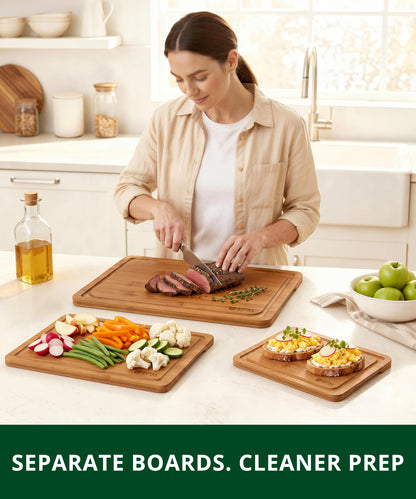 ROYAL CRAFT WOOD Wooden Cutting Boards for Kitchen Meal Prep & Serving - Bamboo Non Toxic Cutting Board Set with Deep Juice Groove Side Handles - Charcuterie & Chopping Butcher Block for Meat (3 Pcs)