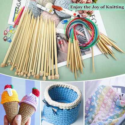 Hobekoee Knitting Needles Set,36 PCS 9.8" Straight Single Pointed Bamboo Knitting Needles ＆ 18 Pairs 31.5” Bamboo Circular Knitting Needles Set with Colorful Plastic Cable,18 Sizes: 2mm-10mm