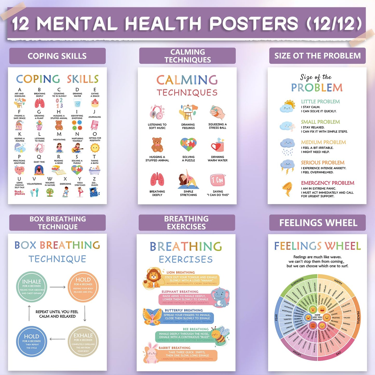 KIDS KING 12 Mental Health Posters, Therapy Office Decor, Counseling Office Must Haves School Counselor Supplies, Inspirational Positive Affirmations & Emotion Regulation Poster Wall Art Decor for Home Office Classroom (10"x14")