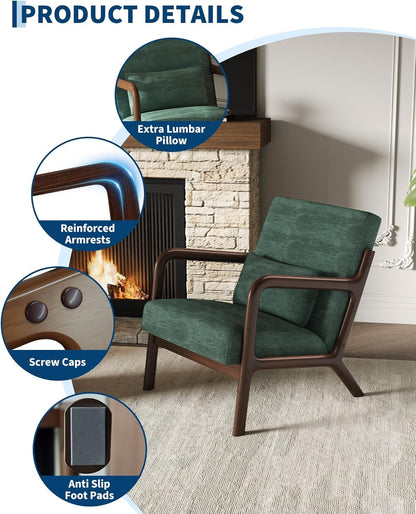 PeacefulHues Corduroy Accent Chair,Mid-Century Modern Wooden Accent Chair with Wood Legs,Comfy Upholstered Reading Leisure Chair for Living Room Bedroom Waiting Room,Green