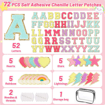 Iron on Chenille Letters Patches, 72 Pcs Self Adhesive Patches Alphabets 2.2 Inch Sew on Patches Varsity Initial Fabric Stickers Fuzzy Towel Embroidered Patches for Clothing Caps