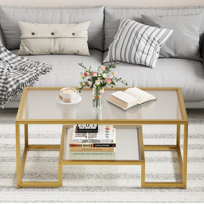 Wolawu Coffee Table Gold Glass Coffee Table for Living Room,2 Tiers Rectangle Center Table with Ribbed Glass Top and Sturdy Metal Frame,Modern Glass Accent Table for Bedroom Home Office