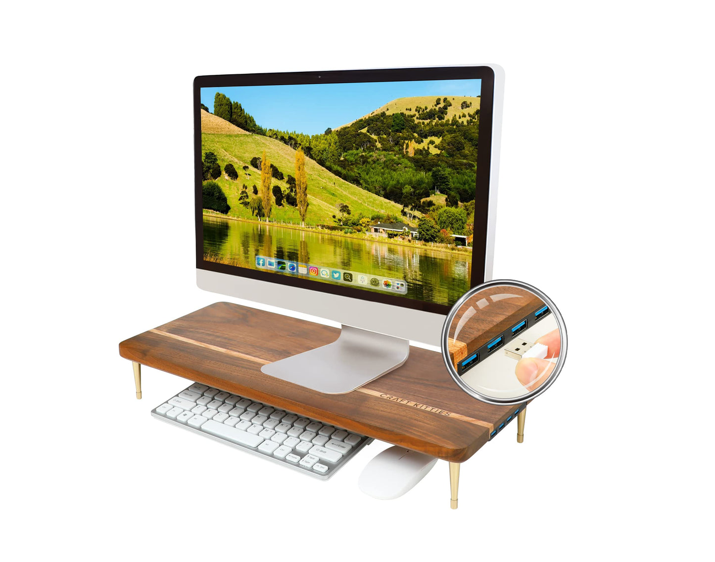 CRAFT KITTIES Monitor Stand Wood Riser with 4 USB Ports, Computer Monitor Stand with America Walnut Data Transfer Charging Hub -Compatible with Computer, Mac, PCs, Smartphone, 20.5*8.3in