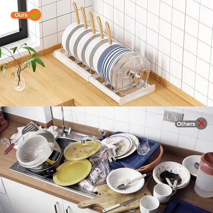 Nigelia Pots and Pans Organizer for Under Cabinet 22" Expandable Food Storage Container Lid Organizer with 10 Adjustable Dividers Pot and Pan Lid Holders Rack Inside Cabinet & Kitchen Countertop White