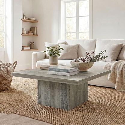 HOMCOM Square Coffee Table, Center Table with 1.6" Thick Tabletop for Living Room, Easy Assembly, 31.5"x31.5", Gray Wood Grain