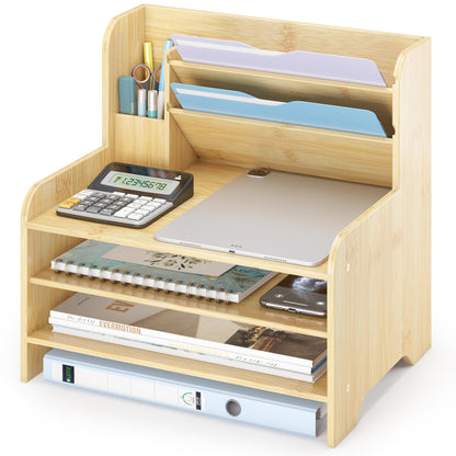 Desk File Organizer - 6-Tier Desktop Mail Letter Tray Paper Document Organizer with Pen Holder for Home Office Supplies, Office Desk Accessories & Workspace (Nature)