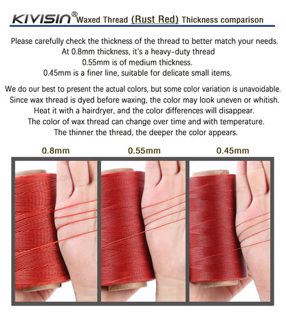 Thin Wax Polyester Thread, 0.45mm, 547 Yards, 3 Ply Round Waxed Cord Strings for Sewing, Beading, Binding, Micro Braiding, Fine Leather Craft and Micro Macrame Jewelry - Rust Red