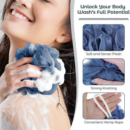 Rnoafmu Shower Loofah Bath Sponge, 60G Loofah Exfoliating Body Scrubber, 4 Color Mesh Shower Pouf Balls for Body Wash (Blue Gray Green Dark Green)